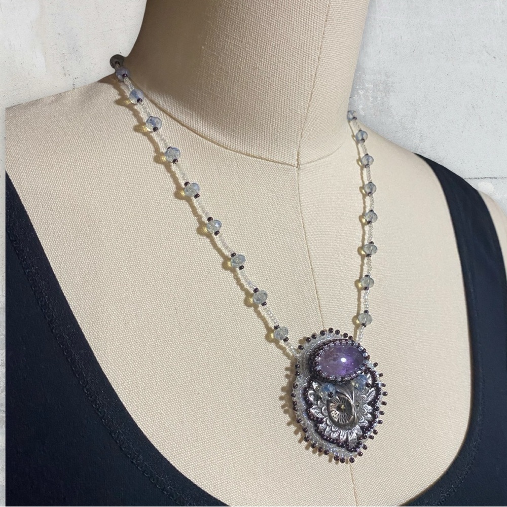Amethyst Owl Bead Embroidered Crystal Necklace - Picture 13 of 13